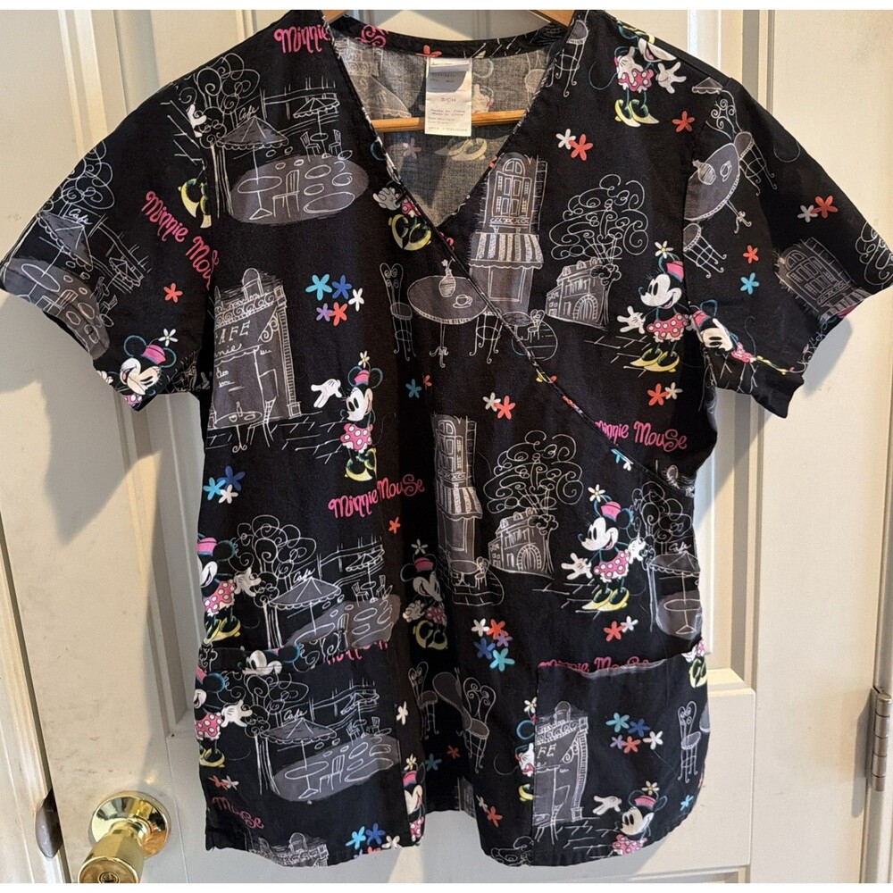 Minnie Mouse Disney Medical Dental Scrub Top Black Size S Cafe Art Drawing